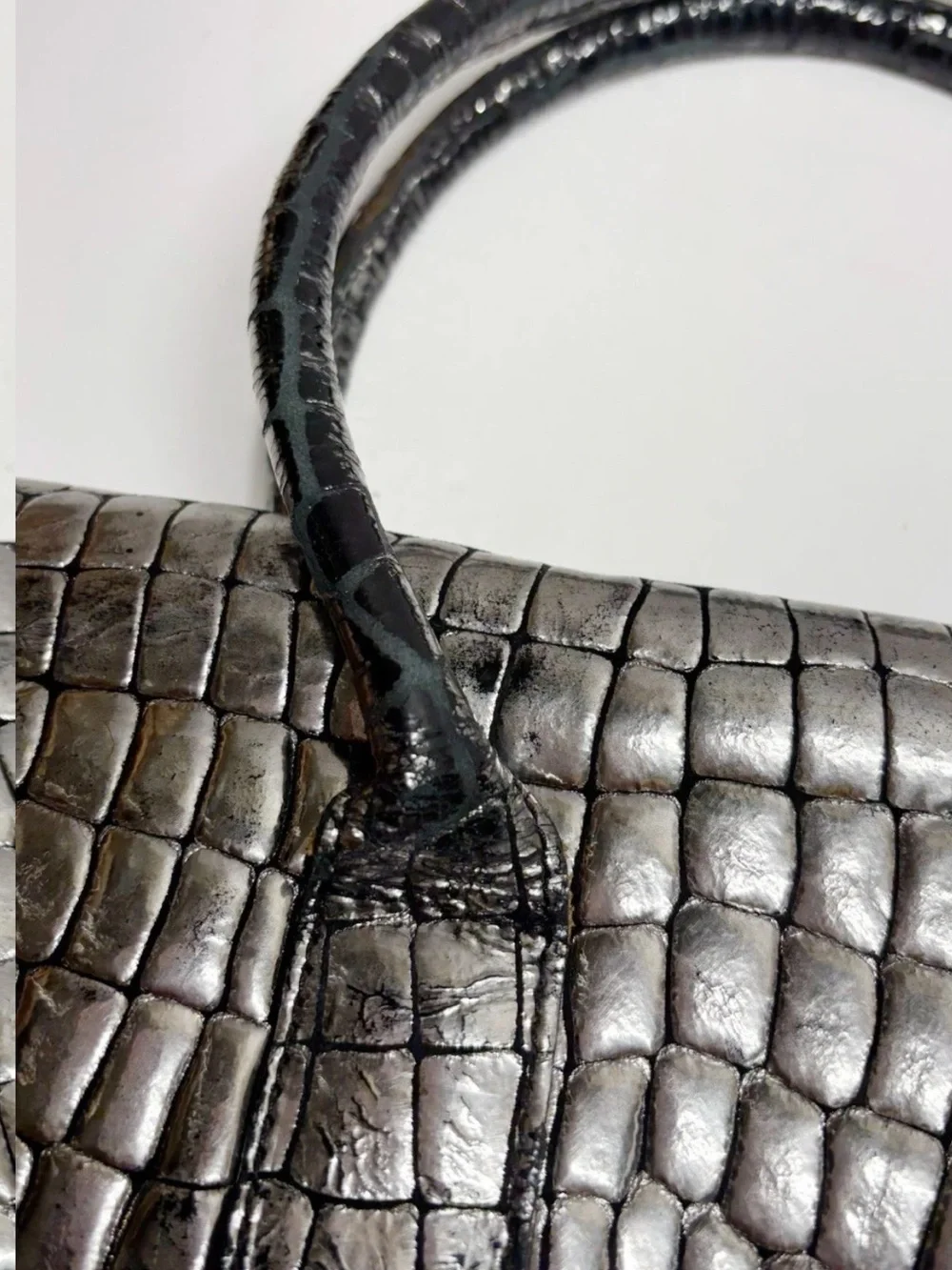 Mulberry Metallic Croc-Embossed Satchel in Silver-Brown
